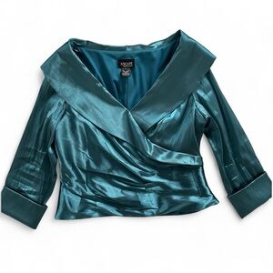 XSCAPE Portrait Collar Teal Blue Satin faux wrap tailored blouse size 16